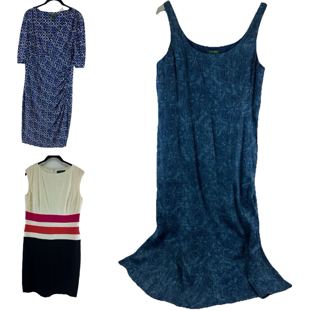 Lauren Ralph Lauren Dress Lot Of 3 Womens 14 Blue Linen Midi Sheath Sleeveless